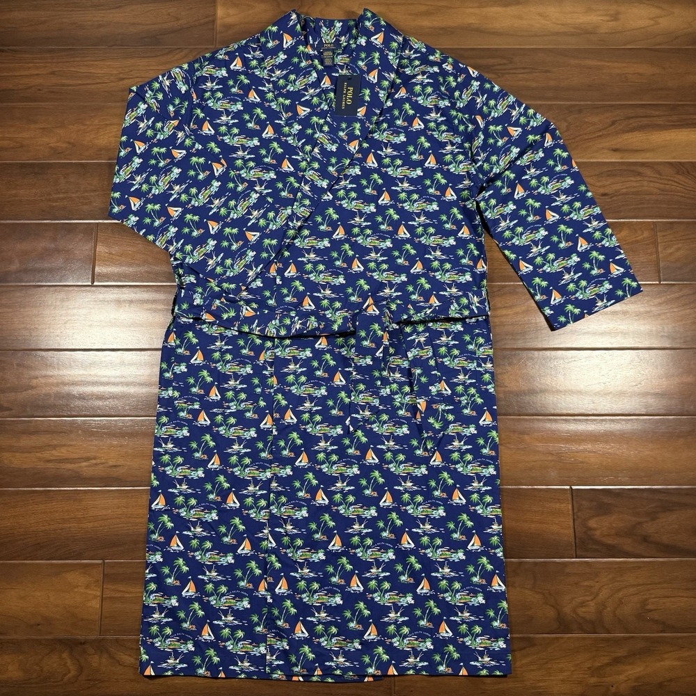 Polo Ralph Lauren Men's Size S / M Blue Tropical Sailboat Print 100% Cotton Robe
